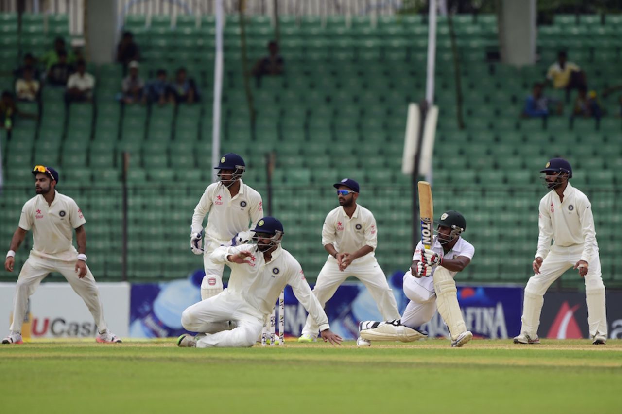 Imrul Kayes sweeps one past the close-in fielders, Bangladesh v India, only Test, 4th day, Fatullah, June 13, 2015
