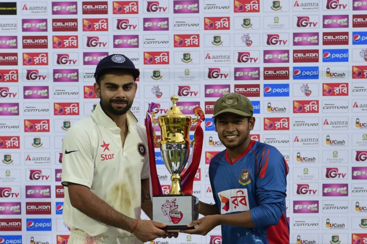 Virat Kohli and Mushfiqur Rahim pose with the trophy, Bangladesh v India, only Test, 5th day, Fatullah, June 14, 2015
