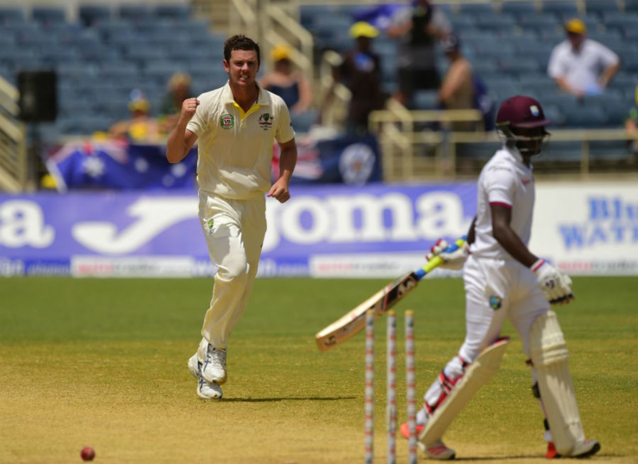 Josh Hazlewood celebrates the wicket of Jermaine Blackwood, West Indies v Australia, 2nd Test, Kingston, 4th day, June 14, 2015