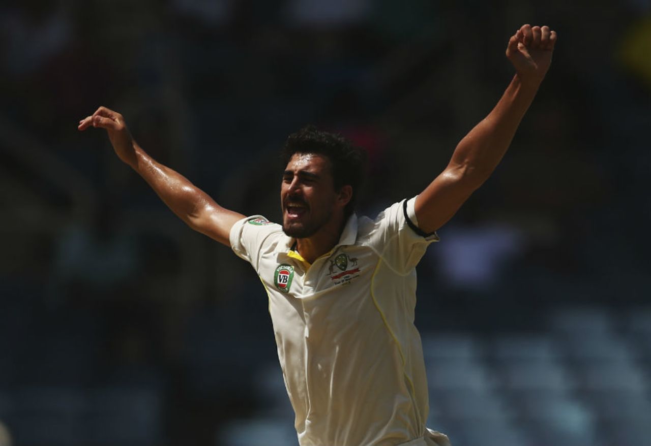 Mitchell Starc exults after dismissing Shane Dowrich, West Indies v Australia, 2nd Test, Kingston, 4th day, June 14, 2015