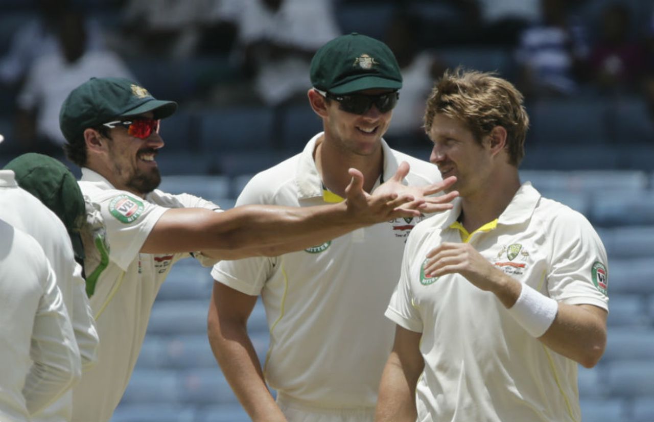Mitchell Starc and Shane Watson share a lighter moment, West Indies v Australia, 2nd Test, Kingston, 4th day, June 14, 2015