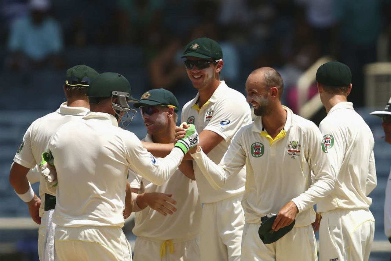 Nathan Lyon celebrates after picking the final two wickets, West Indies v Australia, 2nd Test, Kingston, 4th day, June 14, 2015