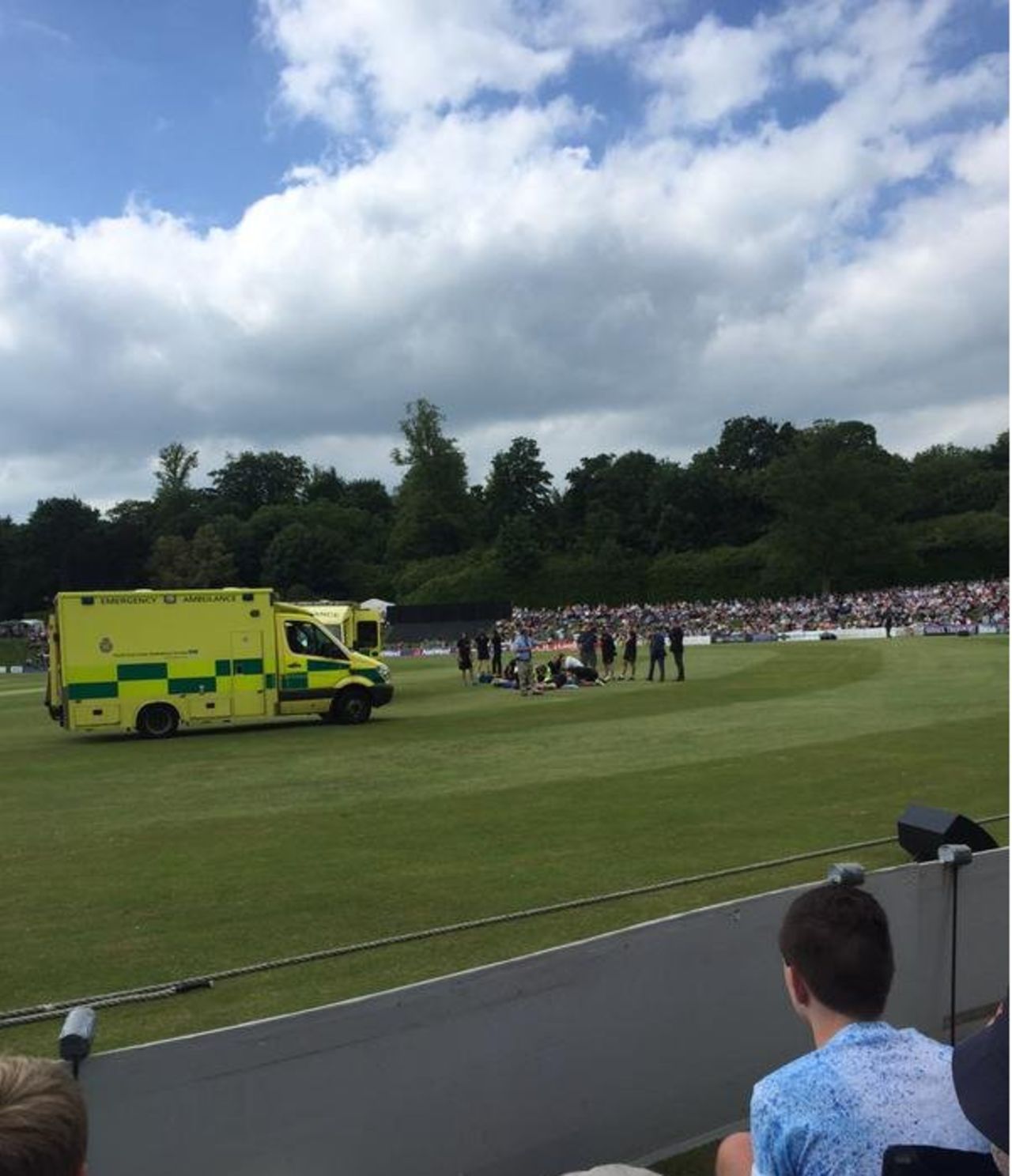 Ambulances on the Arundel outfield as Rory Burns and Moises Henriques are treated, Sussex v Surrey, NatWest T20 Blast, South Group, Arundel, June 14, 2015