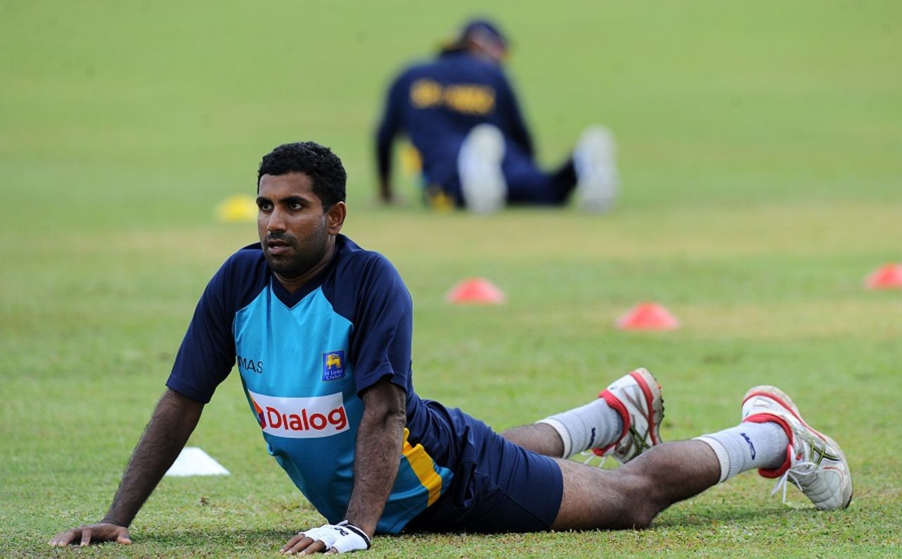 Dhammika Prasad stretches out, Galle, June 15, 2015