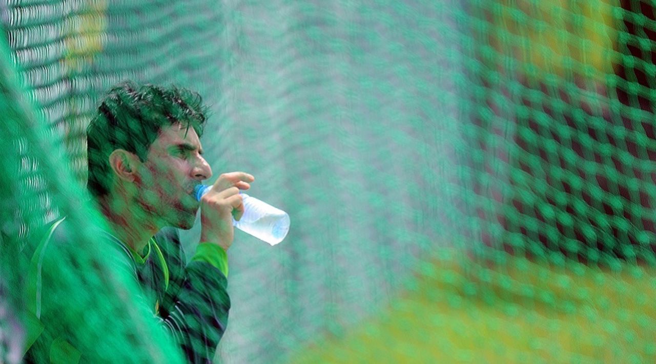 Misbah-ul-Haq takes a breather during Pakistan's practice session, Galle, June 15, 2015