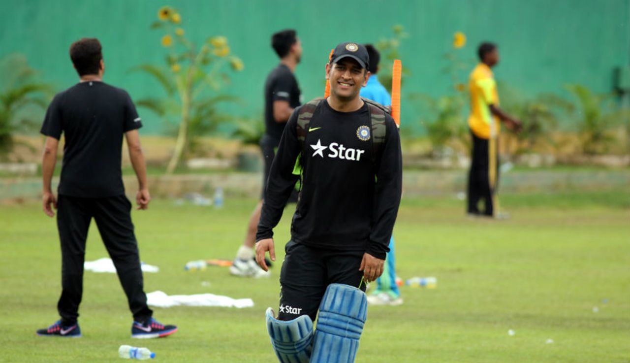 MS Dhoni arrives at a training session at the Shere Bangla National Stadium, Dhaka, June 16, 2015