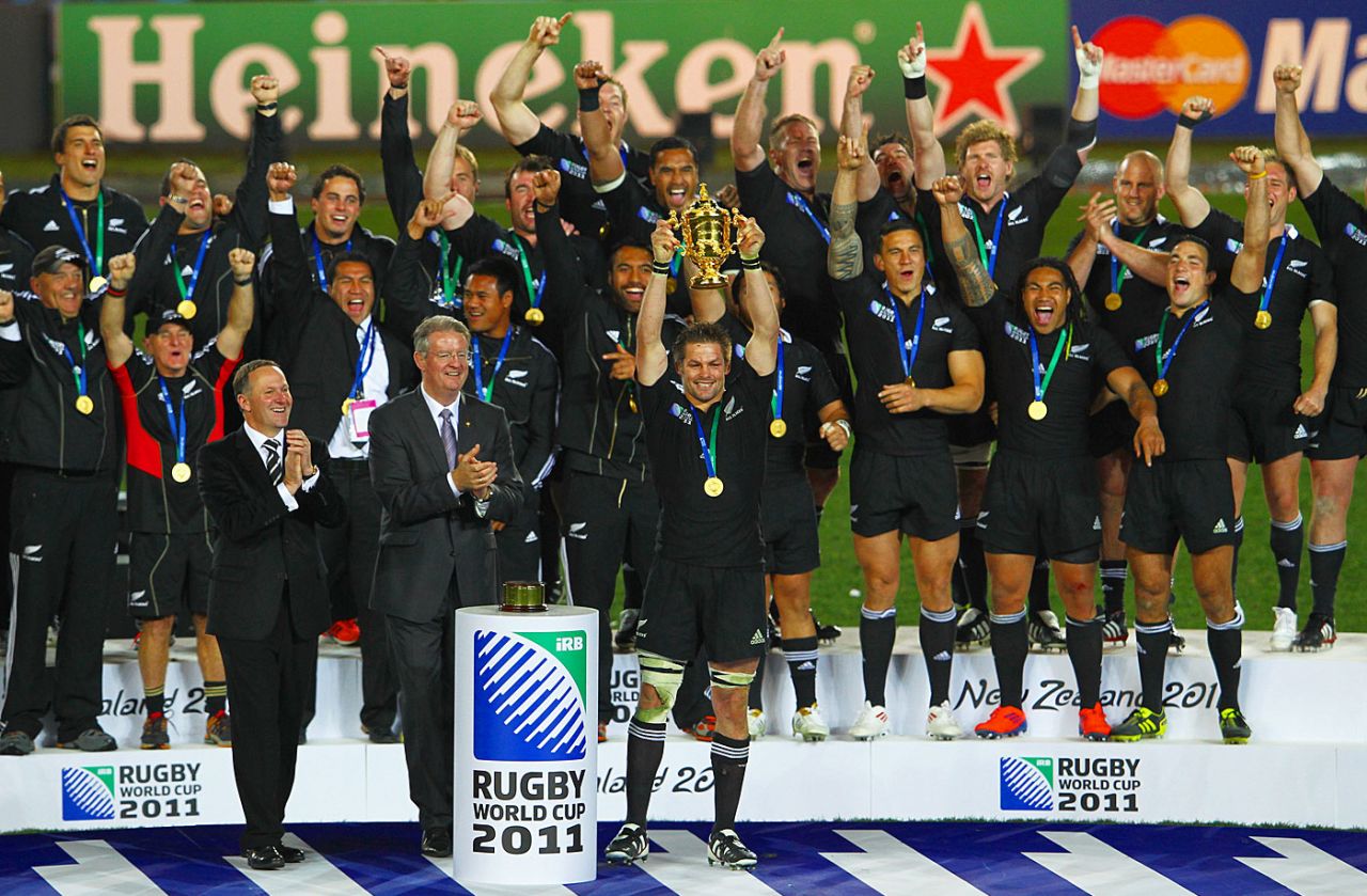 Richie McCaw and the New Zealand All Blacks celebrate after winning the 2011 Rugby World Cup, Auckland, October 23, 2011