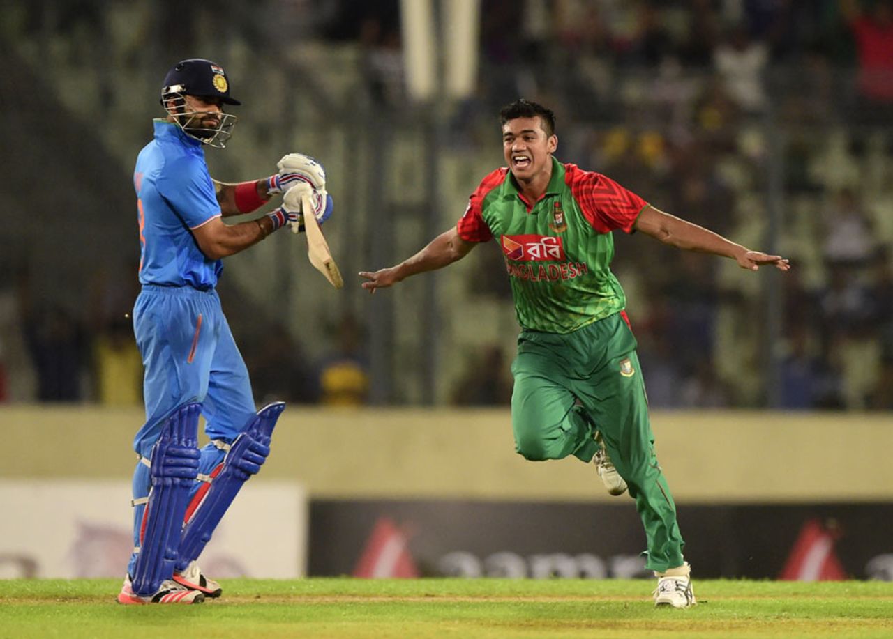 Taskin Ahmed exults after dismissing Virat Kohli, Bangladesh v India, 1st ODI, Mirpur, June 18, 2015