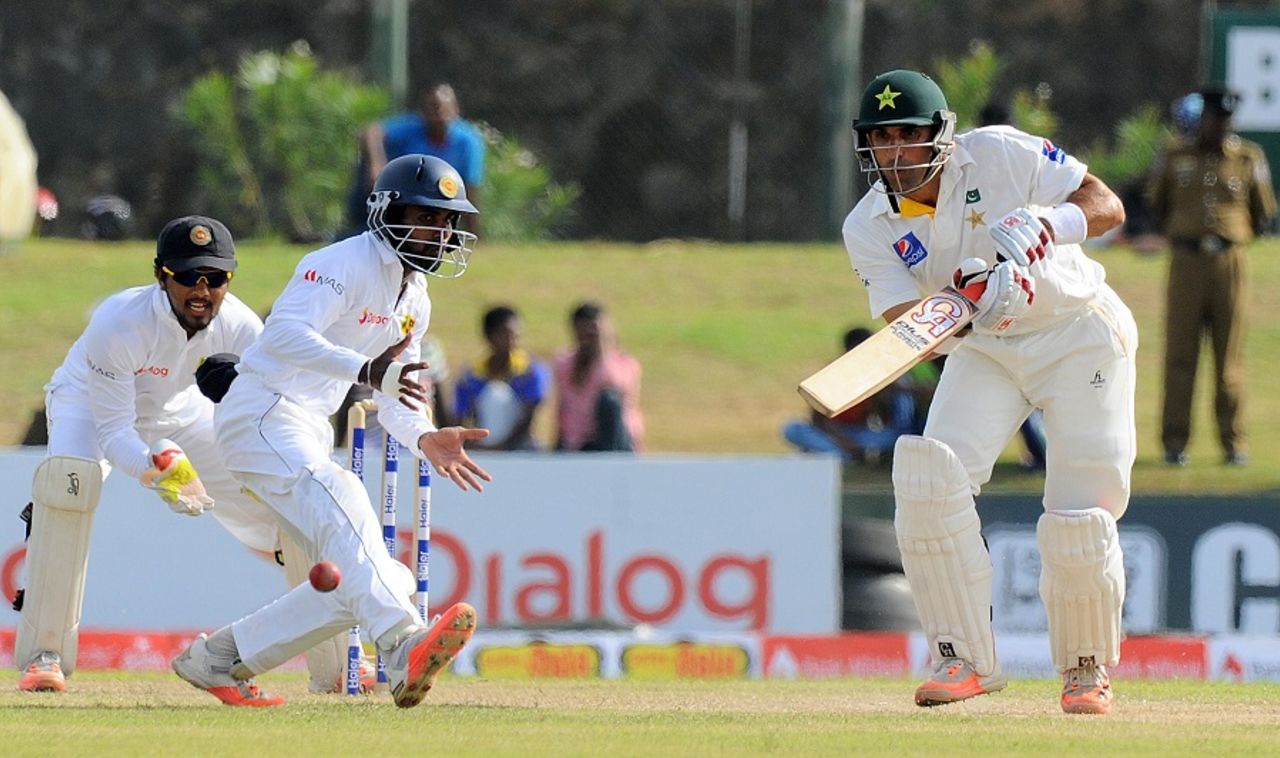Misbah-ul-Haq works the ball through the off side, Sri Lanka v Pakistan, 1st Test, Galle, 3rd day, June 19, 2015