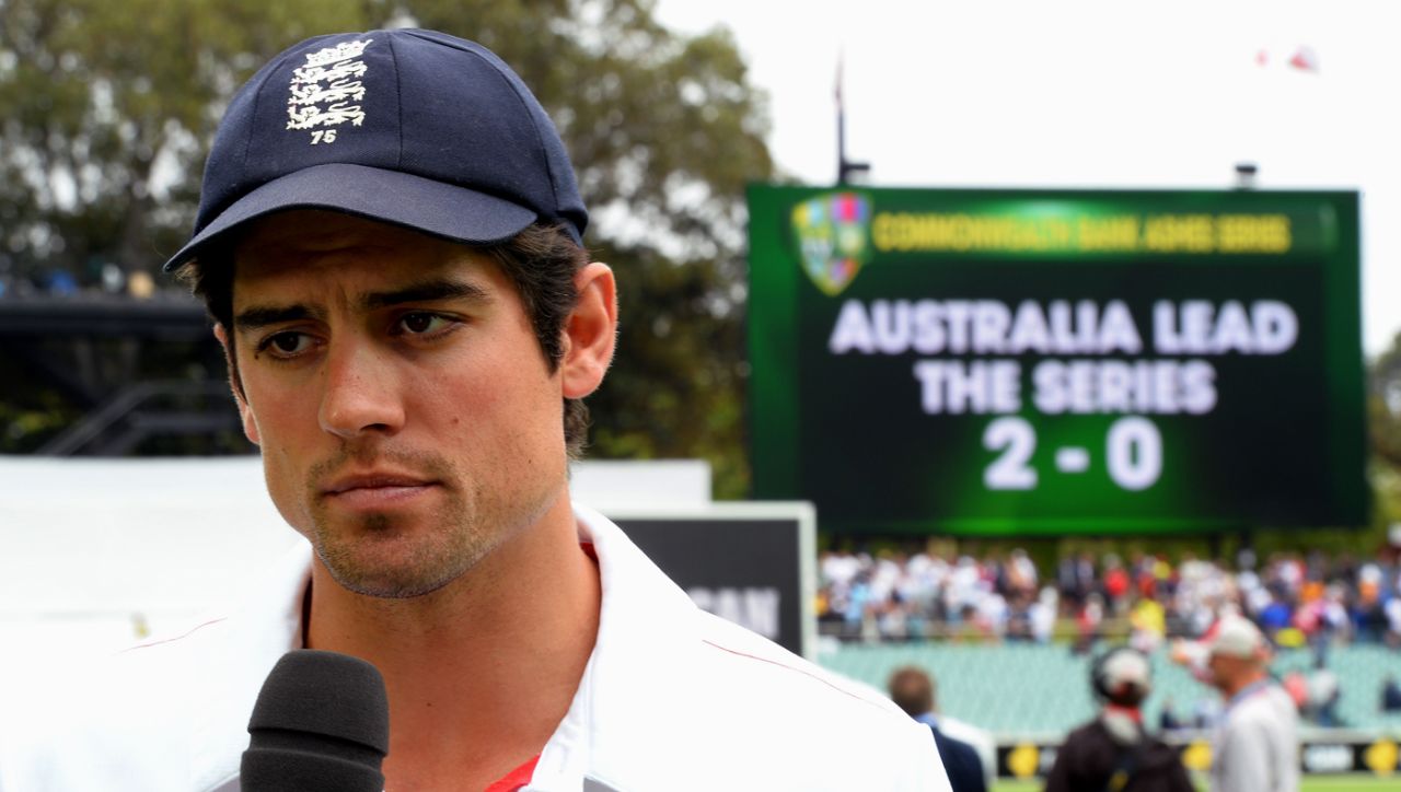 A dejected Alastair Cook talks to the media, Australia v England, 2nd Test, Adelaide, 5th day, December 9, 2013