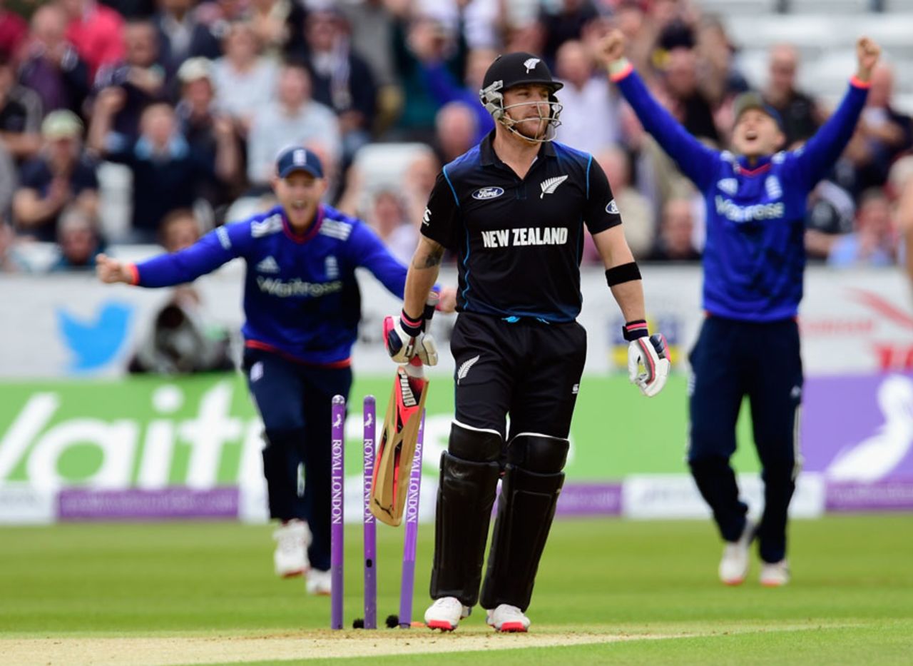 Brendon McCullum played on in the first over, England v New Zealand, 5th ODI, Chester-le-Street, June 20, 2015