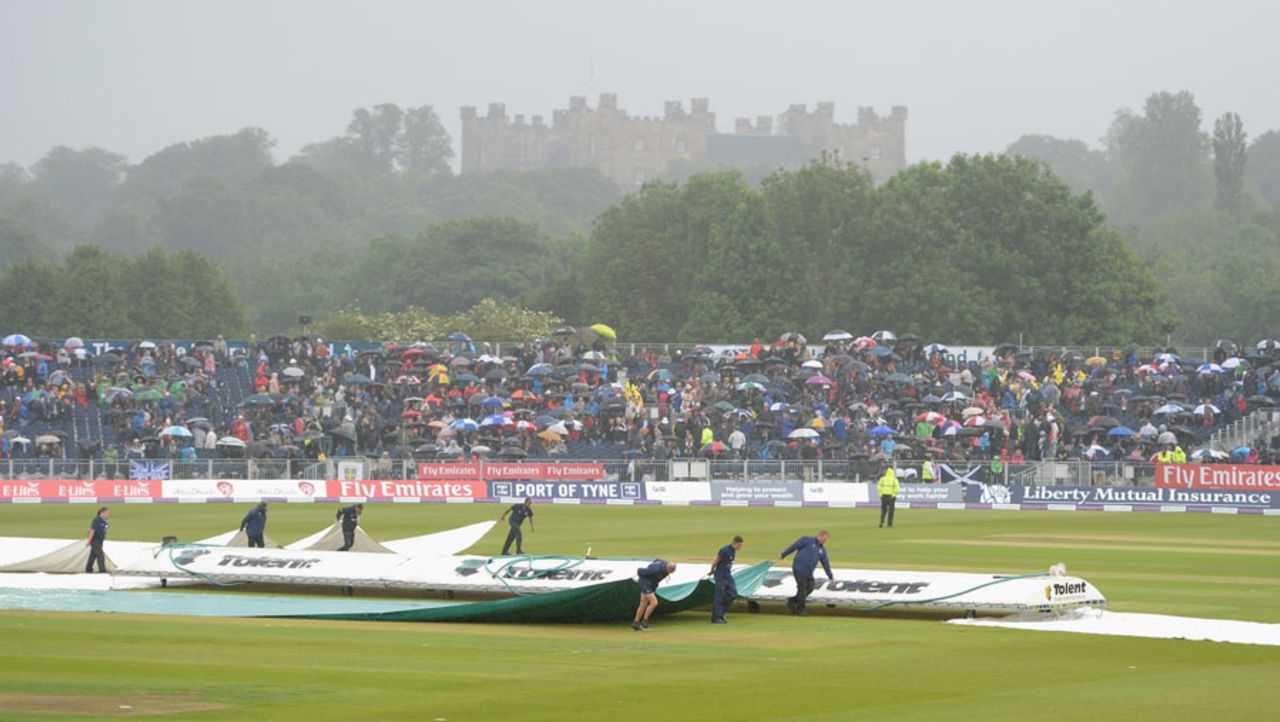 The covers were on an off as rain swept through, England v New Zealand, 5th ODI, Chester-le-Street, June 20, 2015