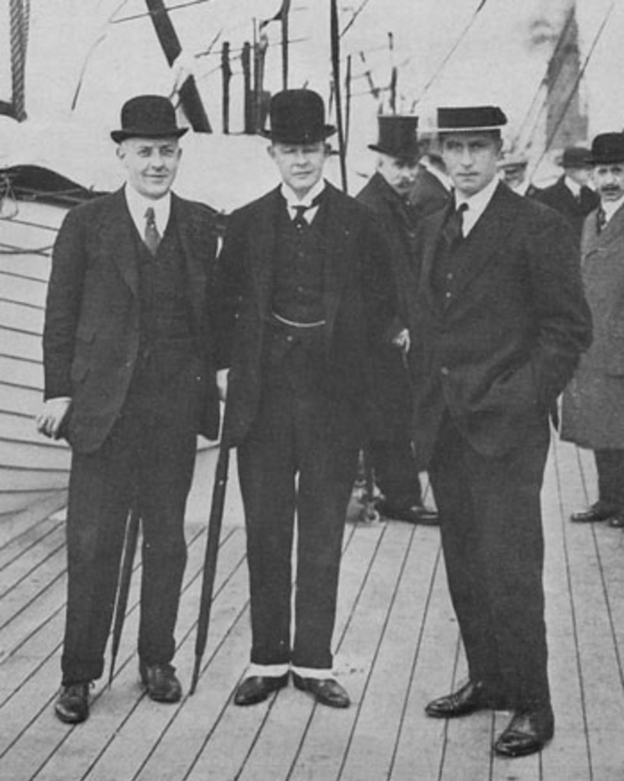 HDG Leveson-Gower (left) and Pelham Warner (middle) say farewell to Johnny Douglas as England leave for their 1913-14 tour of South Africa