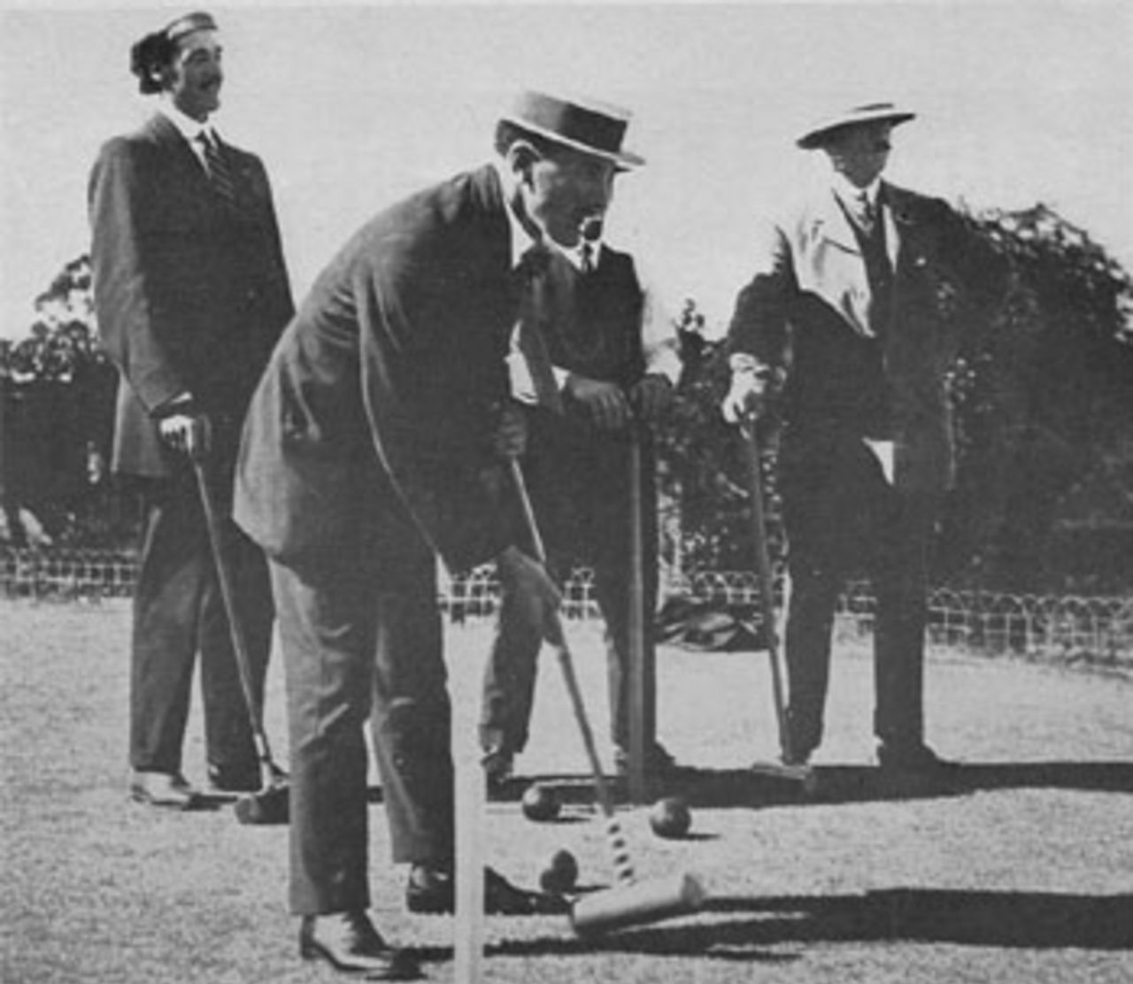 Frank Woolley, Wilfred Rhodes, Herbert Strudwick, and Albert Relf play croquet in South Africa, 1913-14