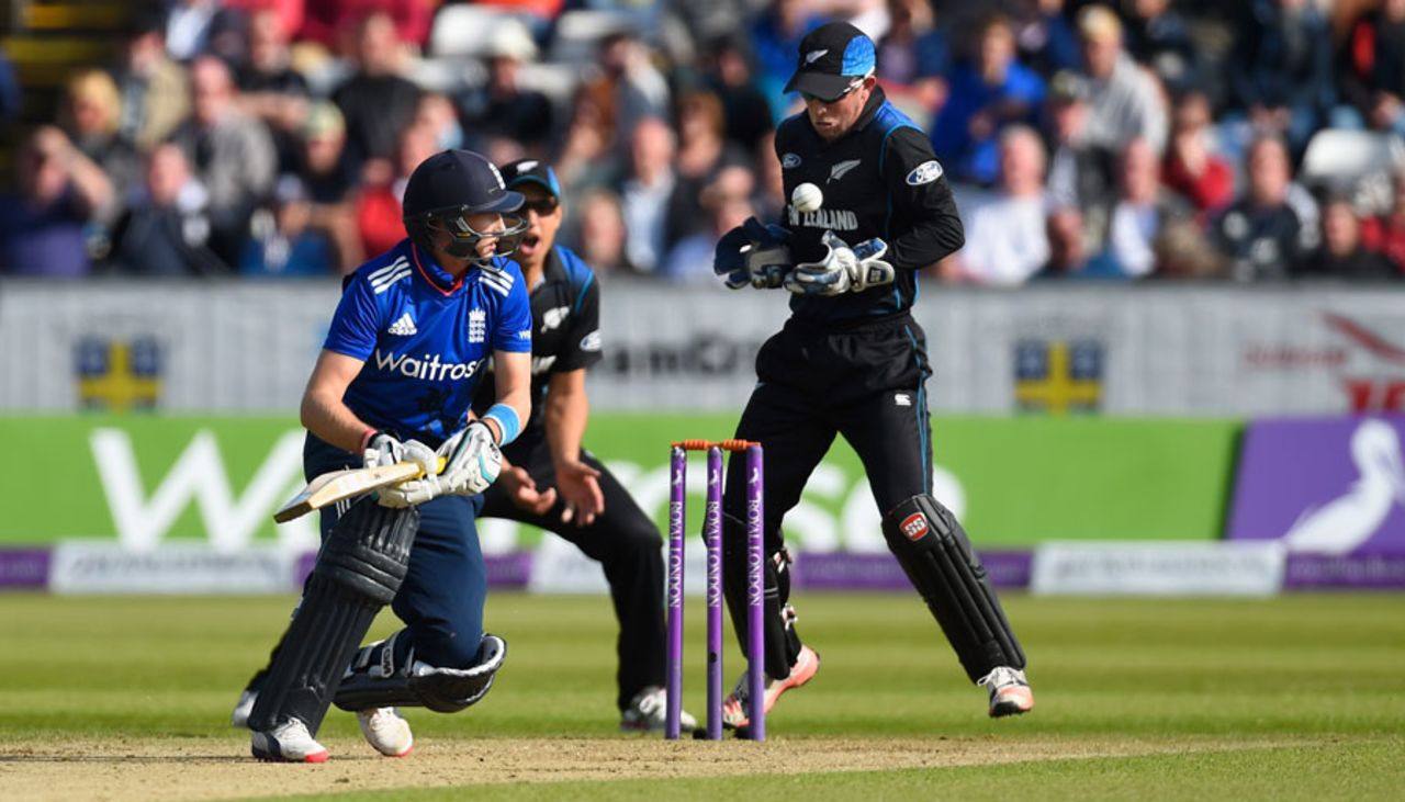 Luke Ronchi completed a stumping moments after the ball hit him on the chin, England v New Zealand, 5th ODI, Chester-le-Street, June 20, 2015