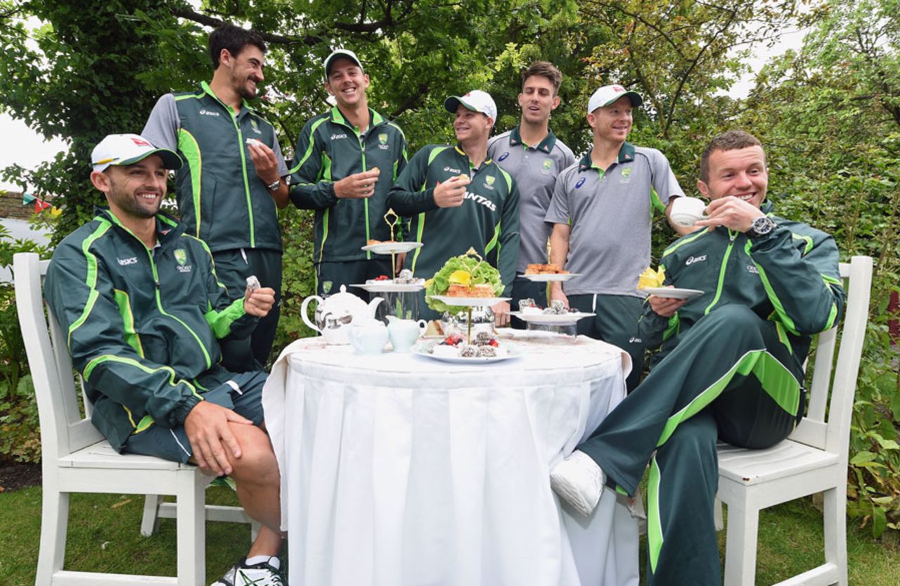 Australia players enjoy a cup of afternoon tea at a media event, London, June 23, 2015