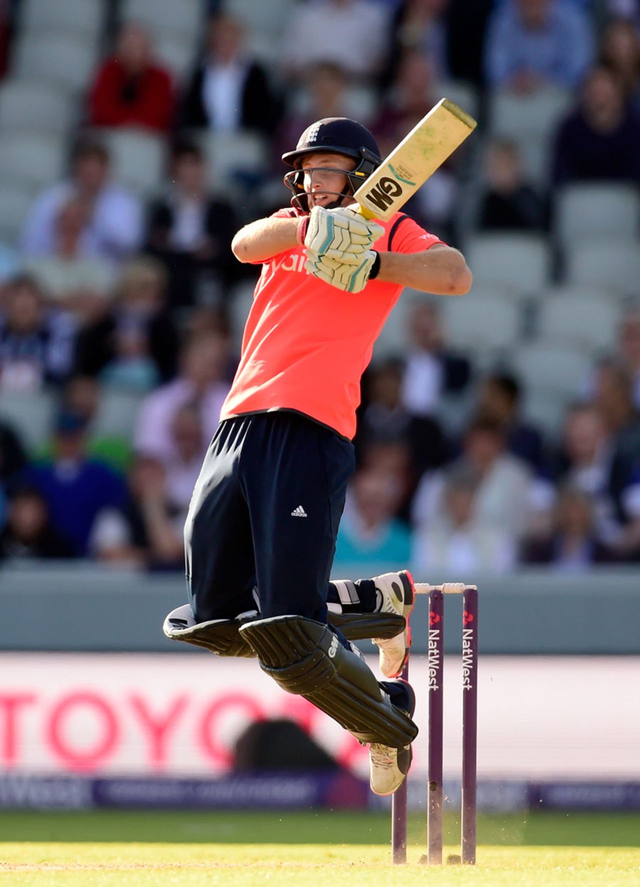 Joe Root attempted some acrobatic shots, England v New Zealand, only T20, Old Trafford, June 23, 2015