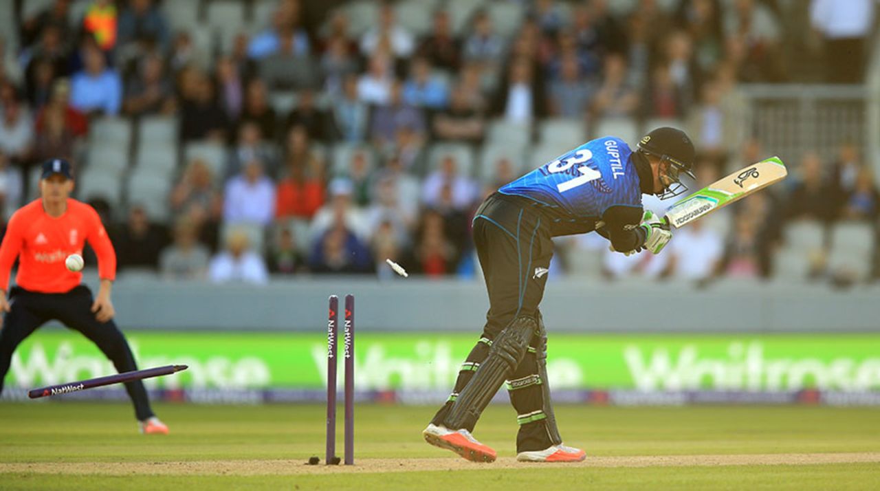 Martin Guptill was cleaned up by David Willey early in the chase, England v New Zealand, only T20, Old Trafford, June 23, 2015