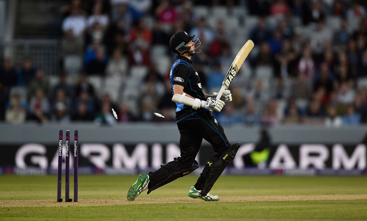 Mitchell Santner was bowled playing a horrid heave to leg, England v New Zealand, only T20, Old Trafford, June 23, 2015