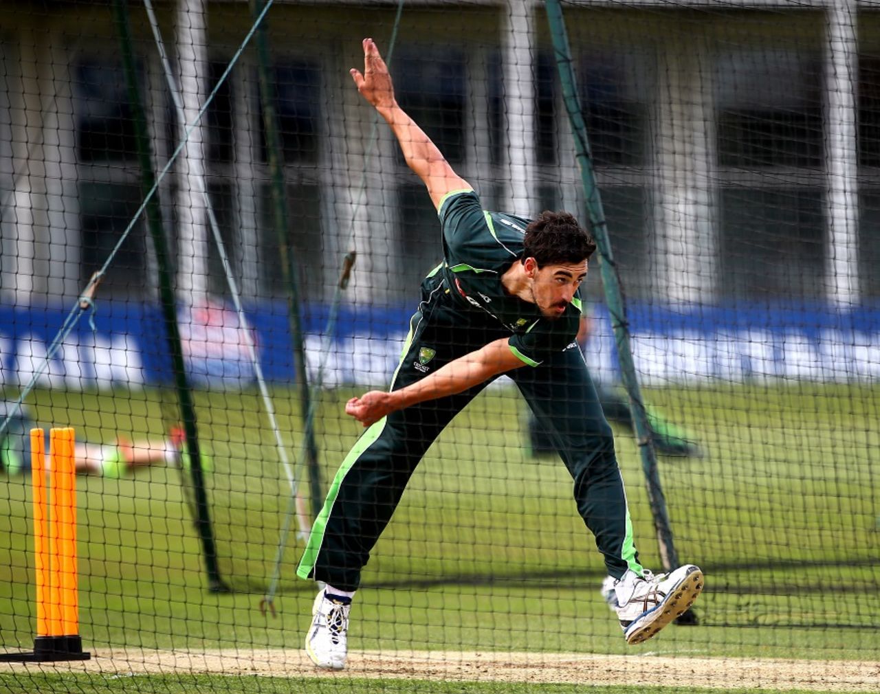 Mitchell Starc bowls during Australia's practice session, Canterbury, June 24, 2015