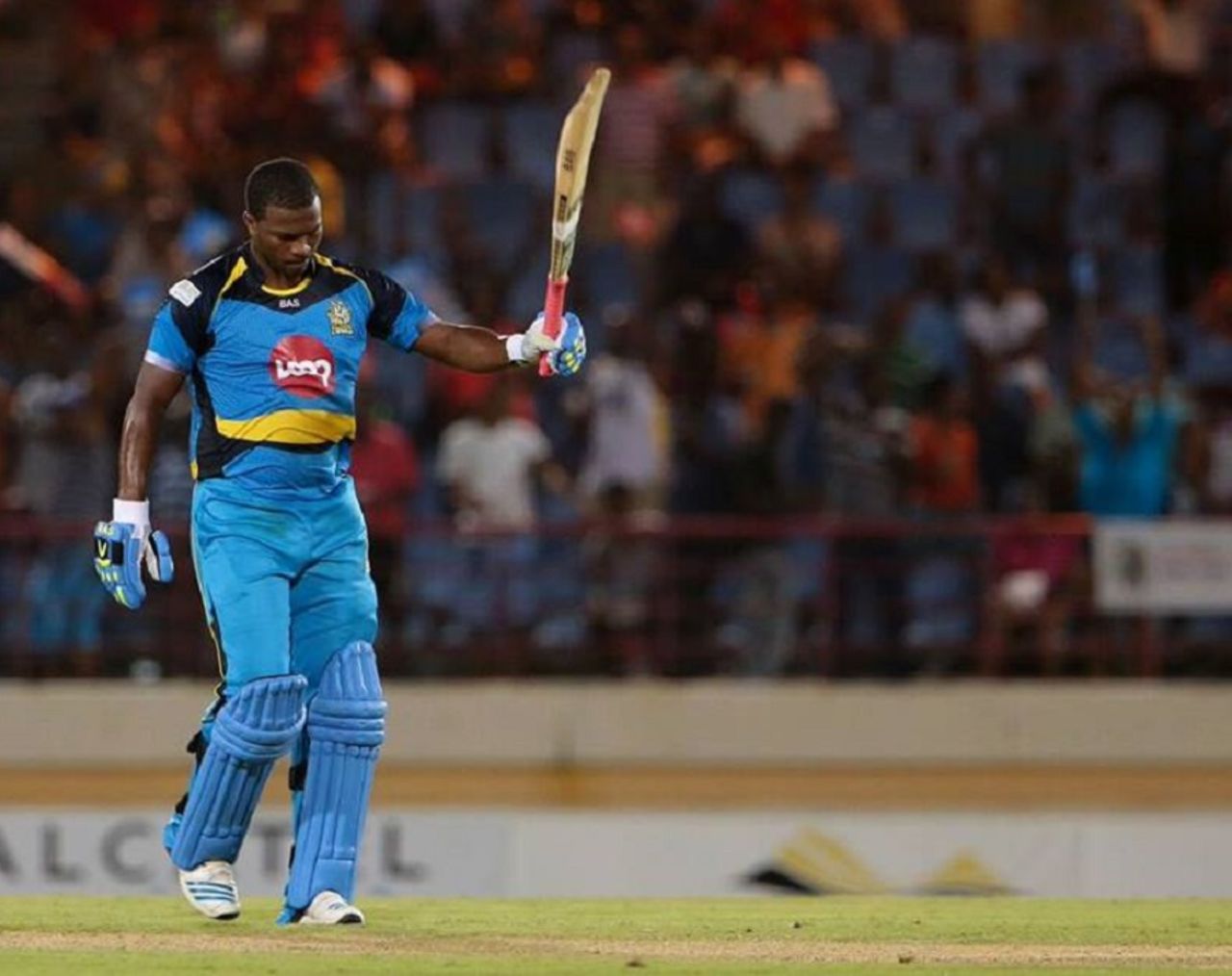Johnson Charles raises his bat after getting to a fifty, St Lucia Zouks v St Kitts and Nevis Patriots, Gros Islet, June 24, 2015