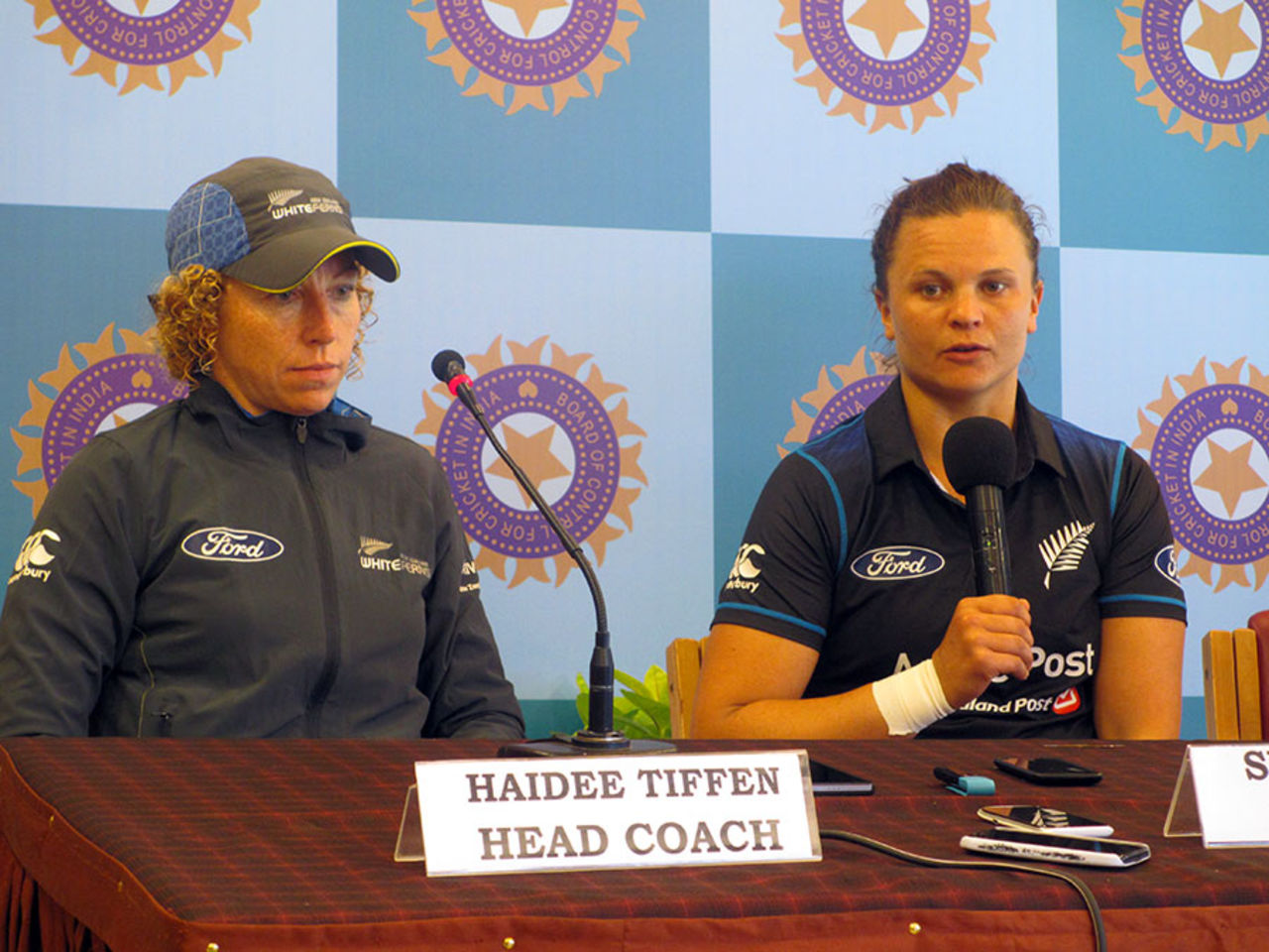 New Zealand head coach Haidee Tiffen and captain Suzie Bates at the pre-series press conference, Bangalore, June 25, 2015