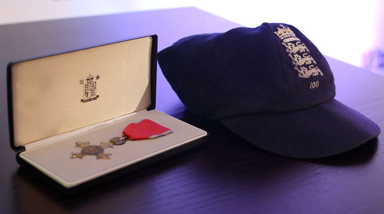 Ian Bell's cap and MBE on display at a TwelfthMan event at Old Trafford, Manchester, June 26, 2015