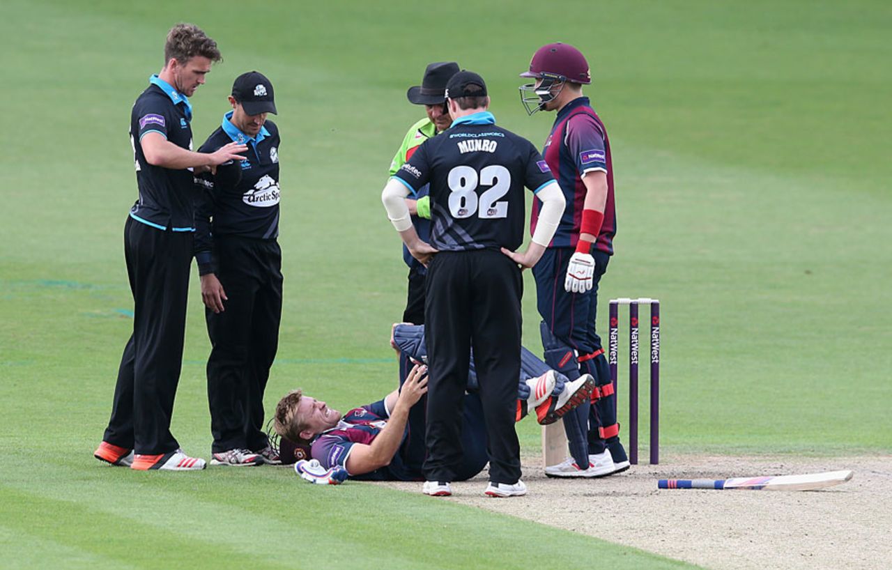 David Willey needed treatment and was unable to bowl after an ankle injury, Worcestershire v Northamptonshire, NatWest T20 Blast, North Group, New Road, June 26, 2015