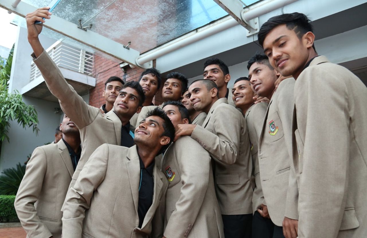 Members of the Bangladesh Under-19 team click a selfie on the eve of their departure to South Africa, Dhaka, June 27, 2015