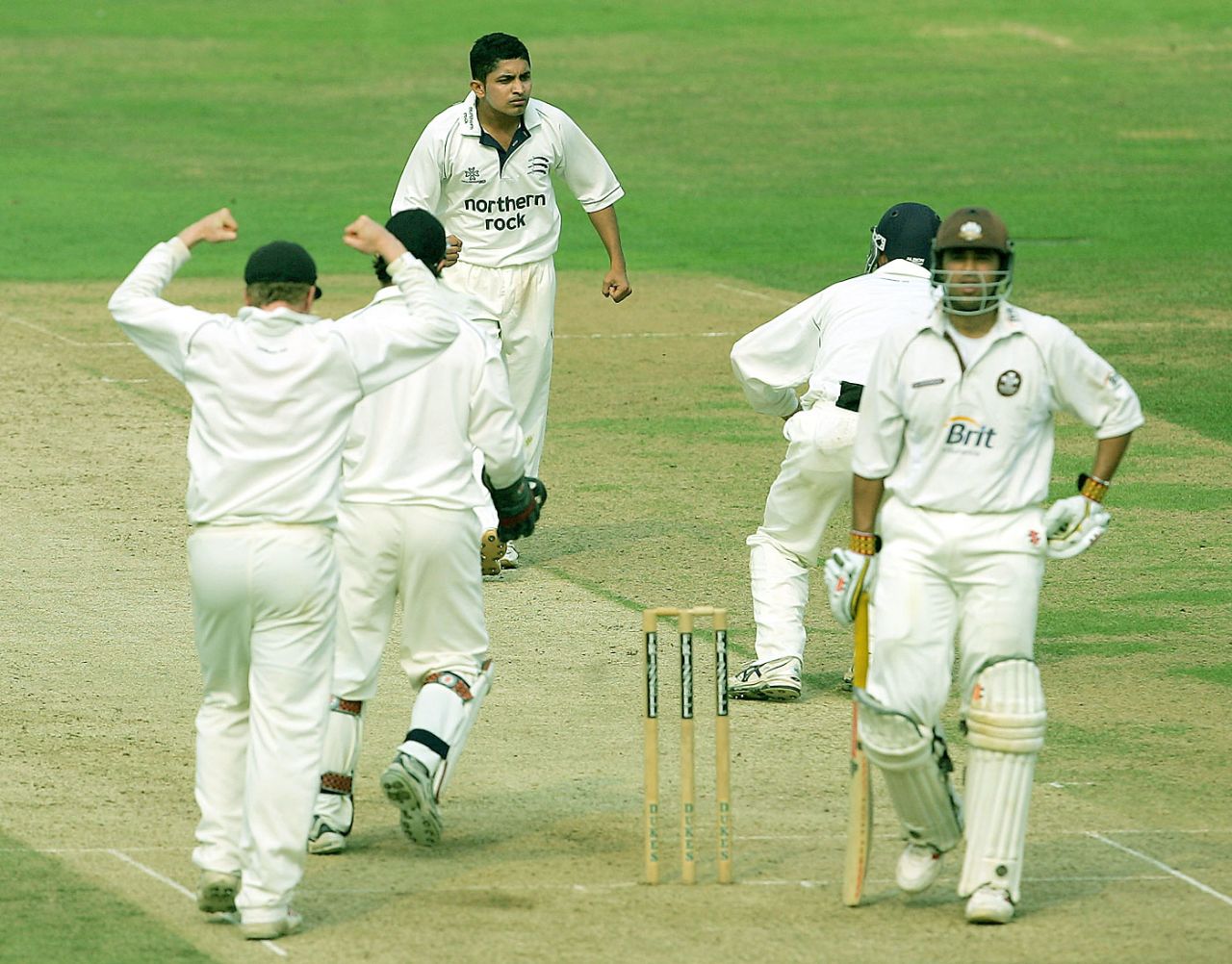 Yogesh Golwalkar celebrates after taking a wicket, Surrey v Middlesex, The Oval, September 22, 2005
