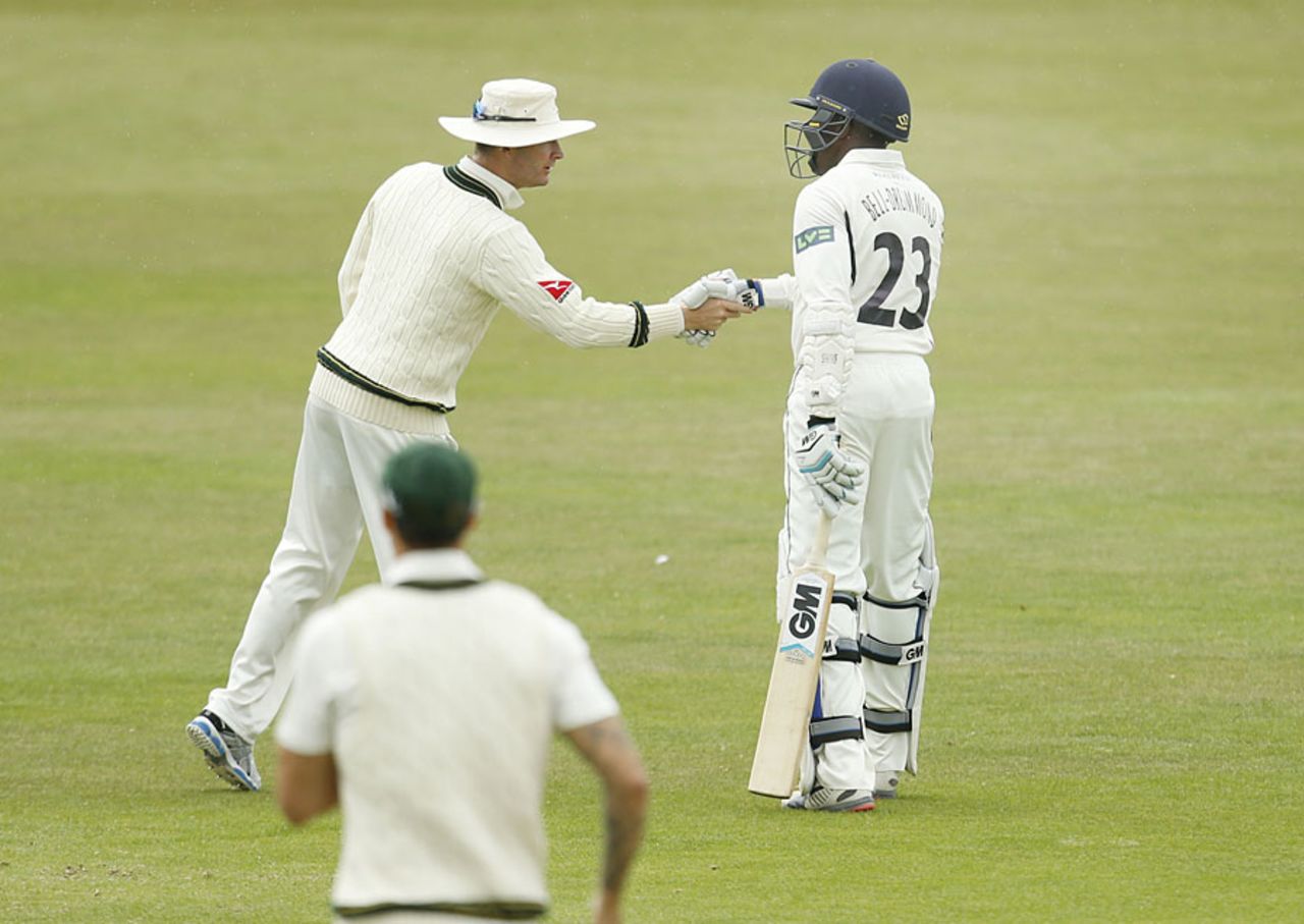 Michael Clarke shows his appreciation to Daniel Bell-Drummond after the Kent batsman made 127, Kent v Australians, Tour Match, Canterbury, 4th day, June 28, 2015