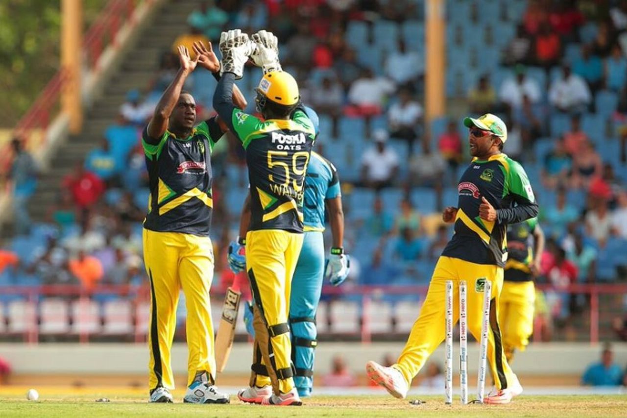 Jerome Taylor celebrates the wicket of Johnson Charles, St Lucia Zouks v Jamaica Tallawahs, Gros Islet, June 28, 2015