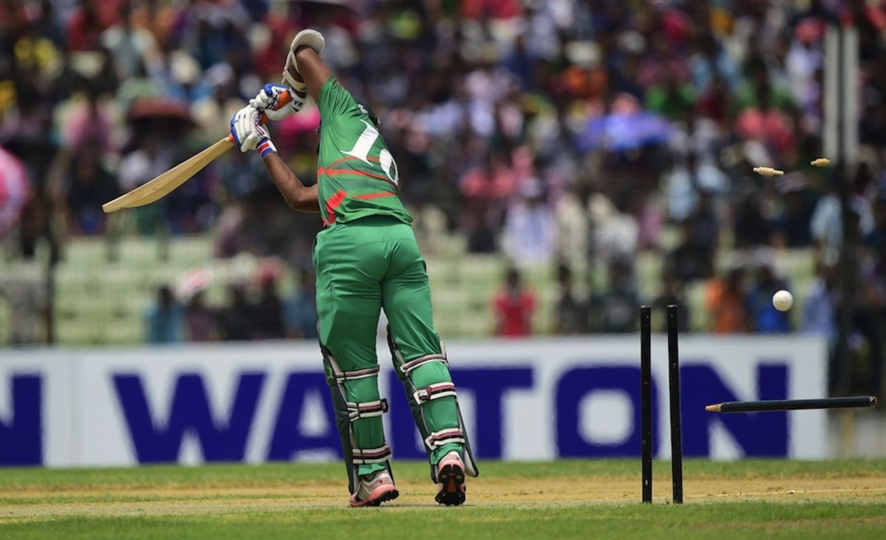 Rony Talukdar is bowled, BCB XI v South Africans, Fatullah, July 3, 2015