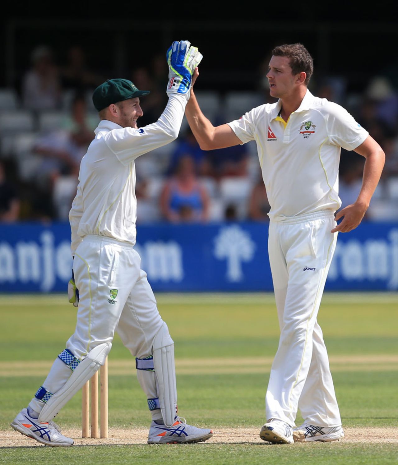 Josh Hazlewood gets a high five from Peter Nevill, Essex v Australians, Tour match, 4th day, Chelmsford, July 4, 2015
