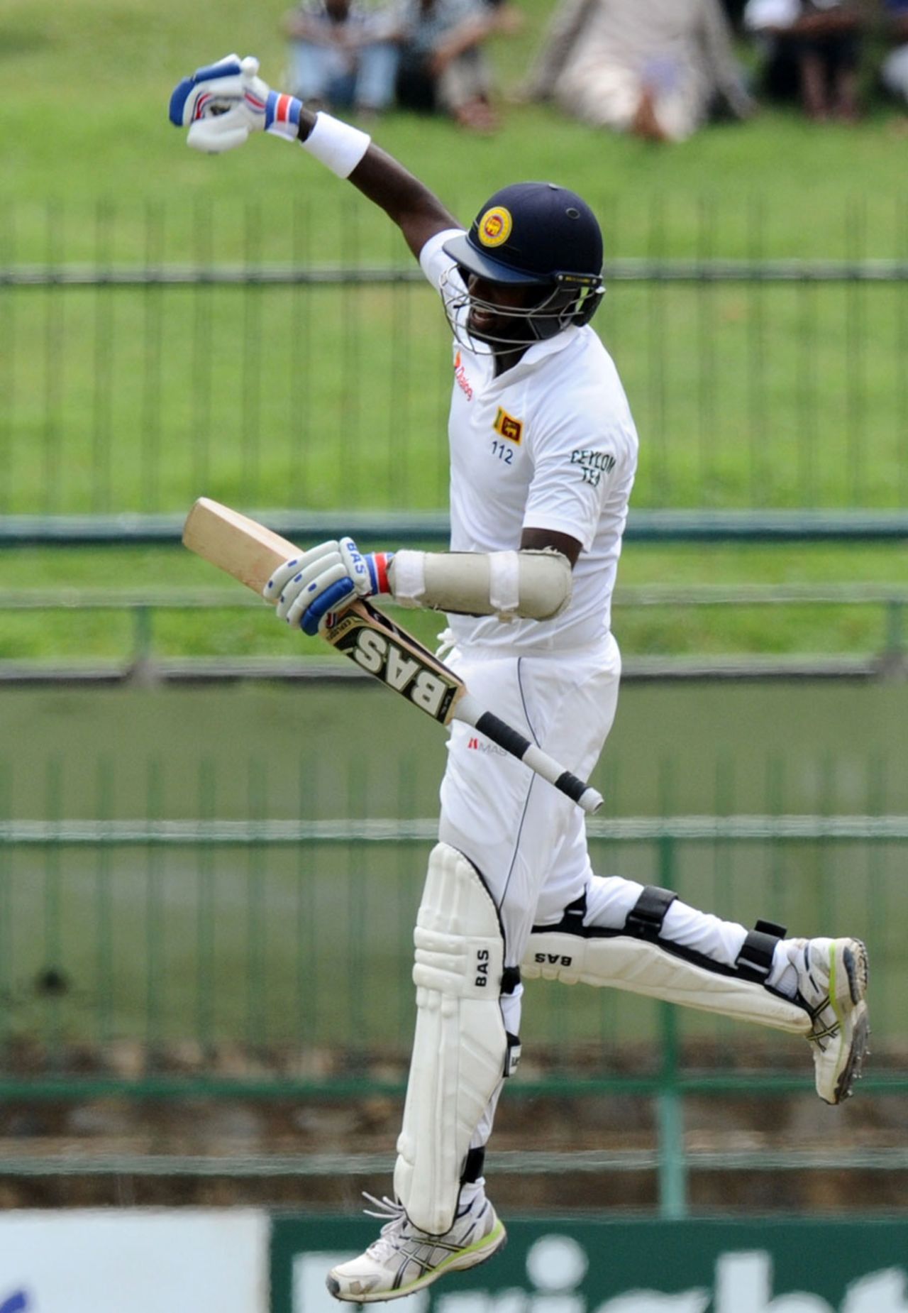 Angelo Mathews punches the air in joy after reaching his ton, Sri Lanka v Pakistan, 3rd Test, Pallekele, 4th day, July 6, 2015