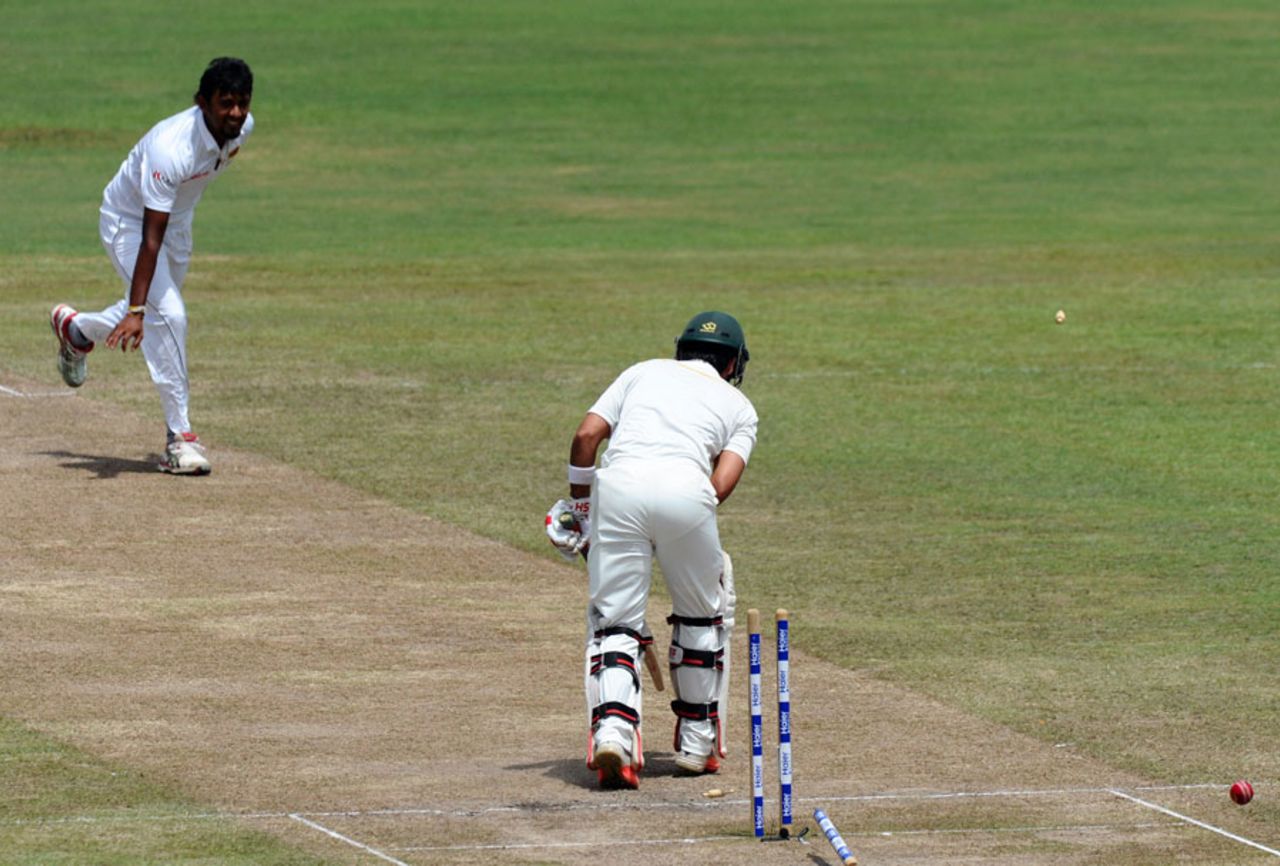Ahmed Shehzad lost his off stump to Suranga Lakmal, Sri Lanka v Pakistan, 3rd Test, Pallekele, 4th day, July 6, 2015