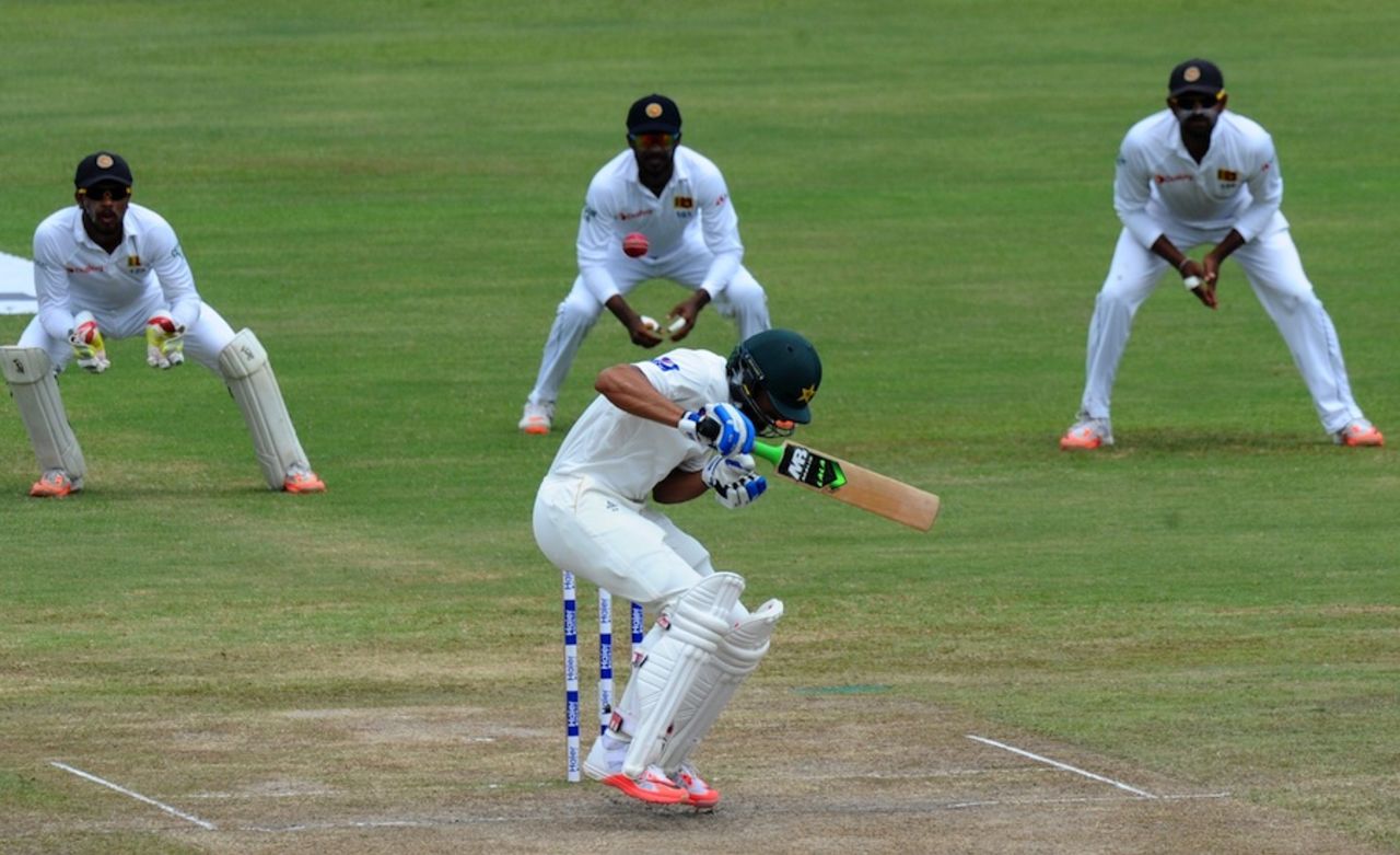 Shan Masood ducks under a bouncer, Sri Lanka v Pakistan, 3rd Test, Pallekele, 4th day, July 6, 2015