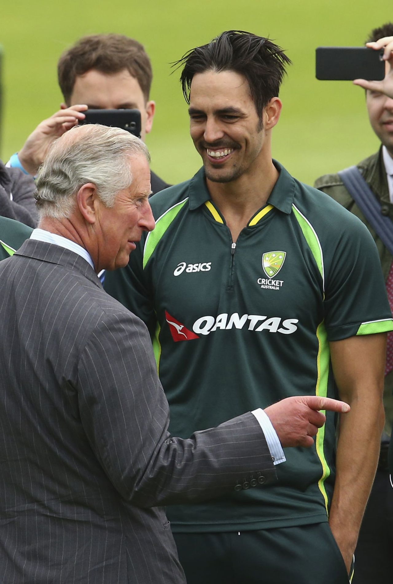 Bowl to the right - the Prince of Wales offers a word of advice to Mitchell Johnson, Cardiff, July 6, 2015