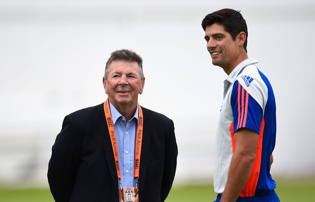 Alastair Cook chats with Rod Marsh, Cardiff, July 6, 2015