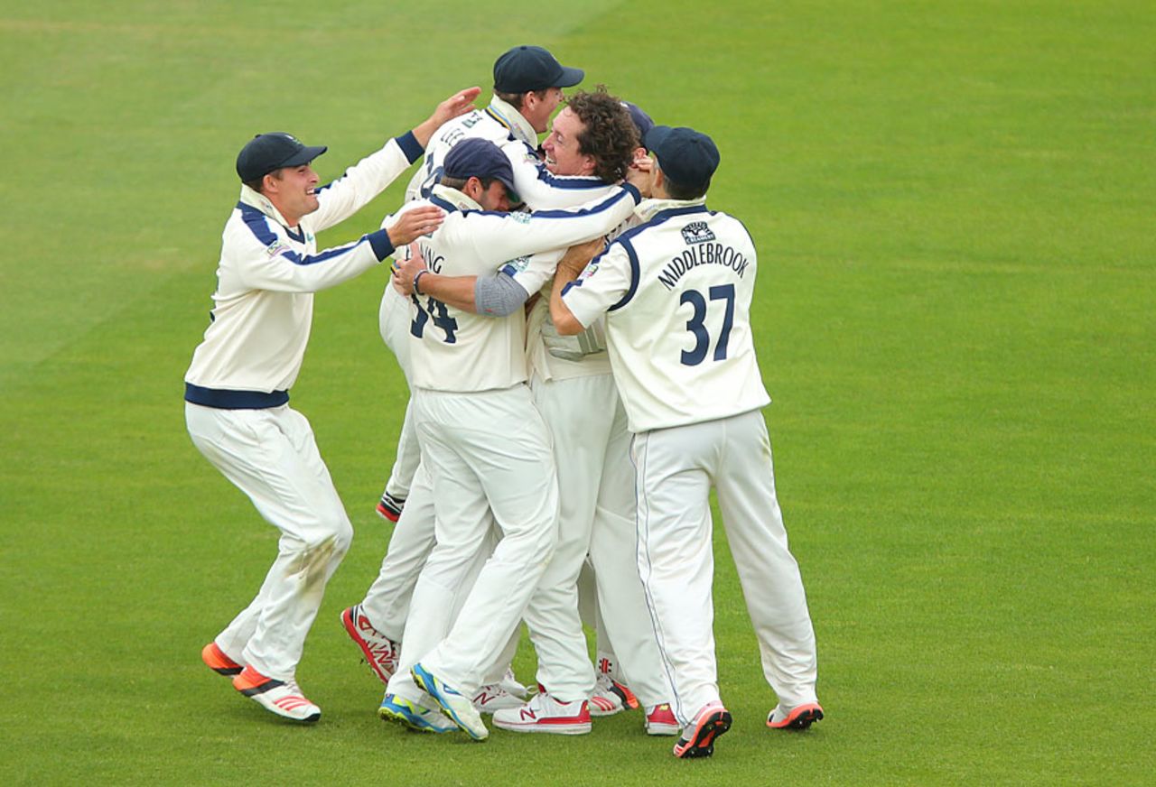 Ryan Sidebottom is mobbed during his destructive display, Warwickshire v Yorkshire, County Championship Division One, Edgbaston, 2nd day, July 6, 2015