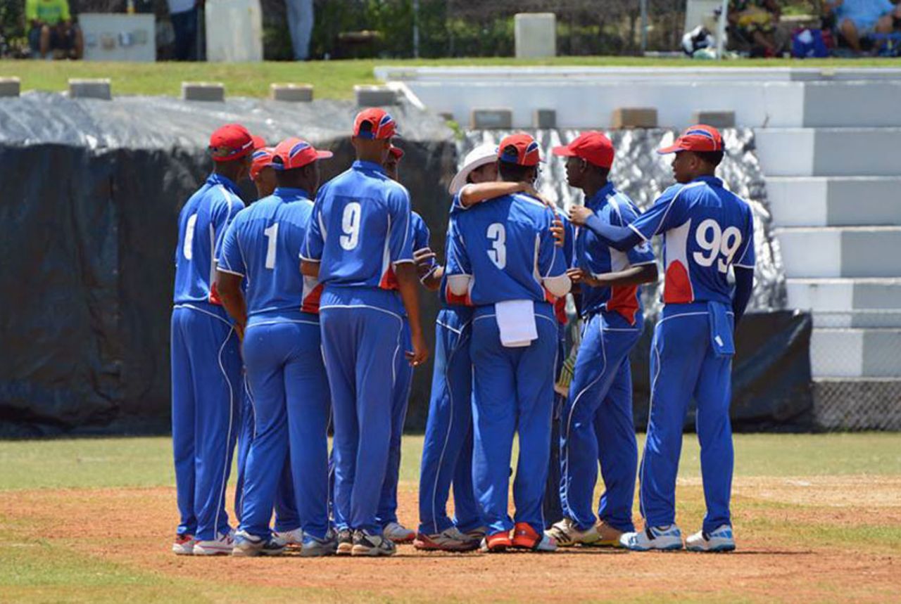 The Bermuda players in a huddle, 2015 ICC U19 Americas Division 1 Championship, Bermuda, July 5, 2015 