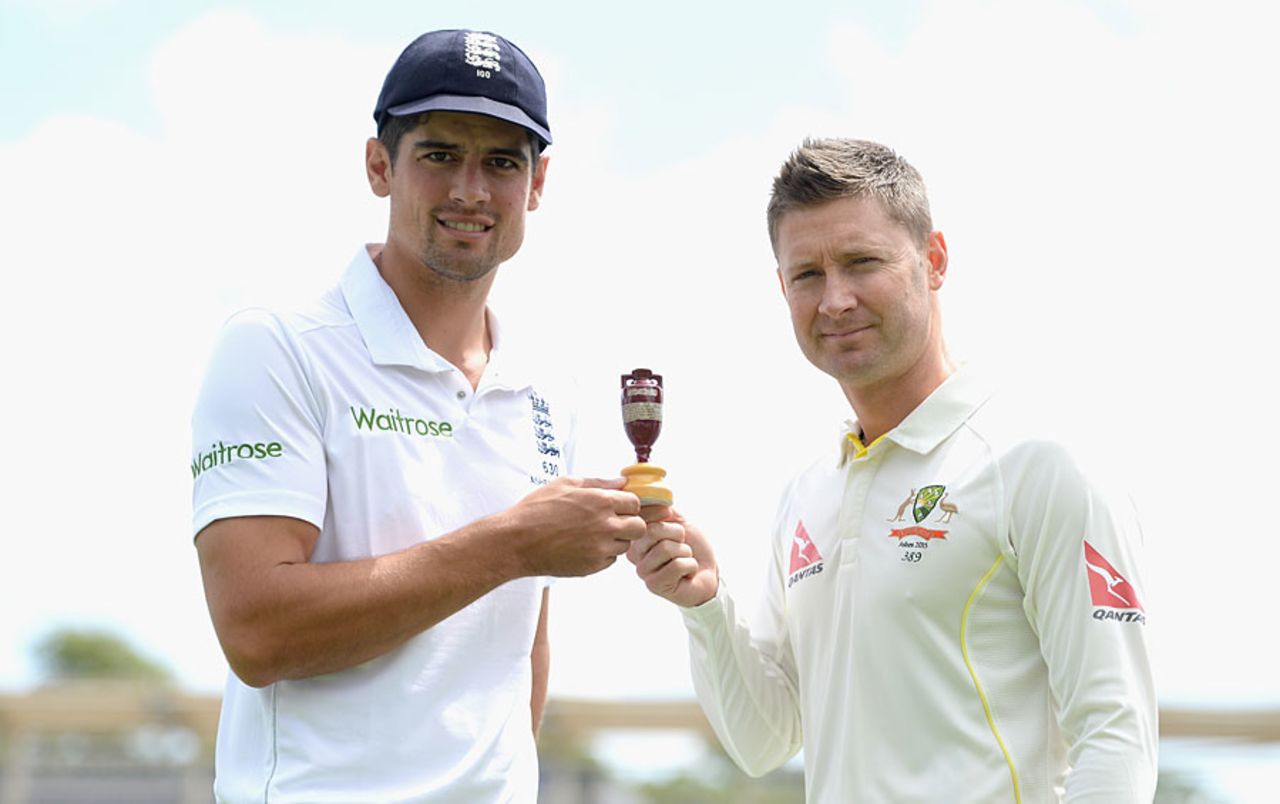 Alastair Cook and Michael Clarke with an Ashes urn, Cardiff, July 7, 2015