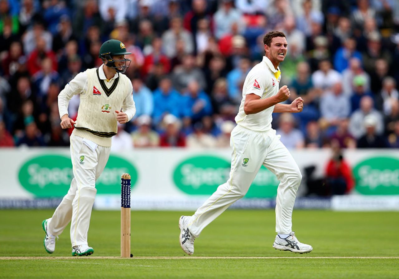 Adam Voges and Josh Hazlewood exult at the fall of Adam Lyth's wicket, England v Australia, 1st Investec Ashes Test, Cardiff, 1st day, July 8, 2015