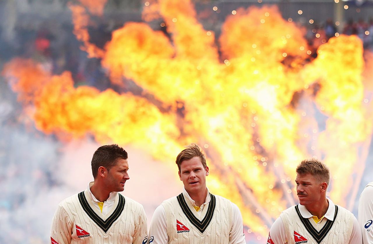 Michael Clarke, Steven Smith and David Warner at the opening ceremony, England v Australia, 1st Investec Ashes Test, Cardiff, 1st day, July 8, 2015