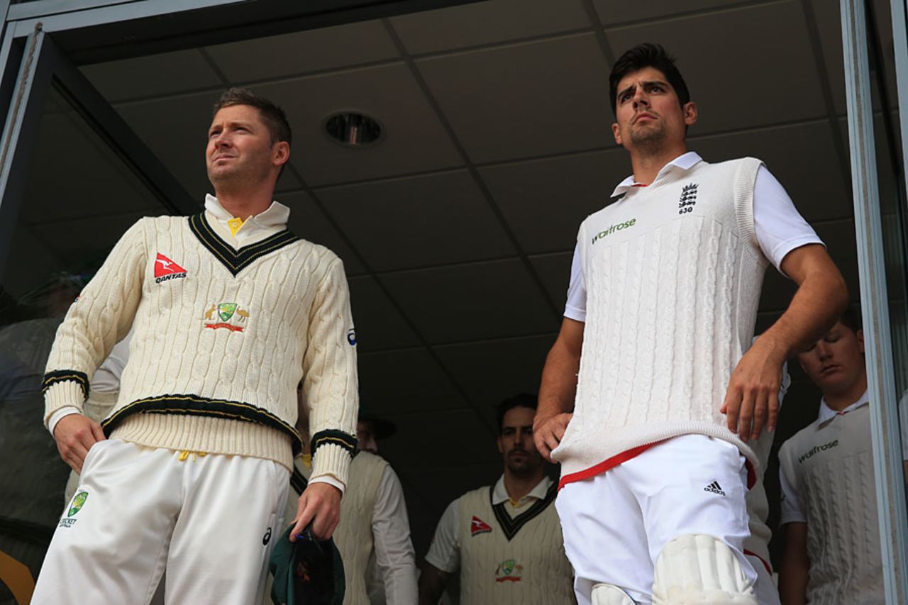 Michael Clarke and Alastair Cook prepare to start the series, England v Australia, 1st Investec Ashes Test, Cardiff, 1st day, July 8, 2015