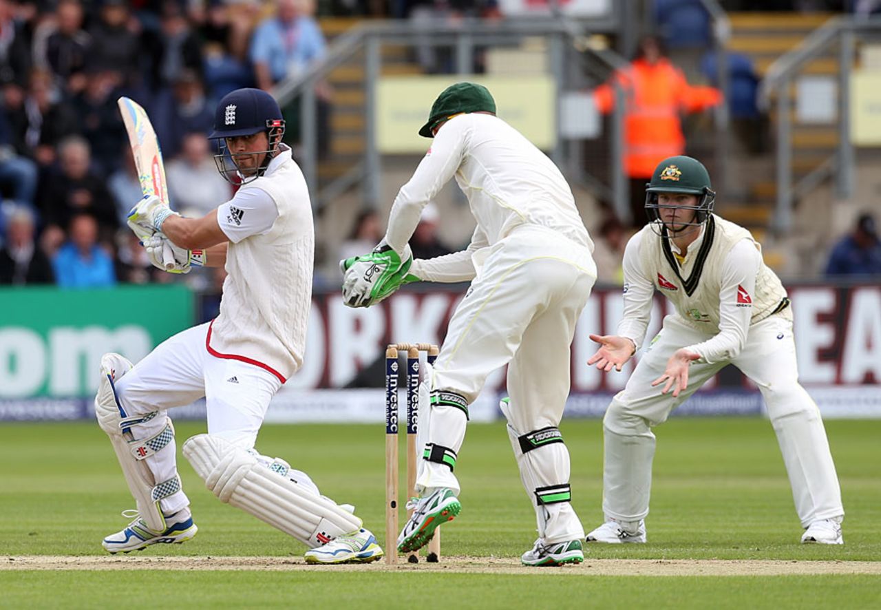 Alastair Cook cuts and is caught behind, England v Australia, 1st Investec Ashes Test, Cardiff, 1st day, July 8, 2015