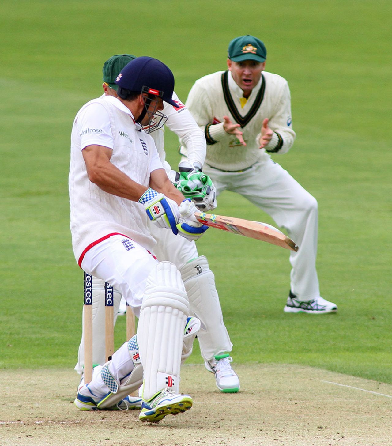 An anxious Michael Clarke watches Brad Haddin pouch Alastair Cook's top edge, England v Australia, 1st Investec Ashes Test, Cardiff, 1st day, July 8, 2015
