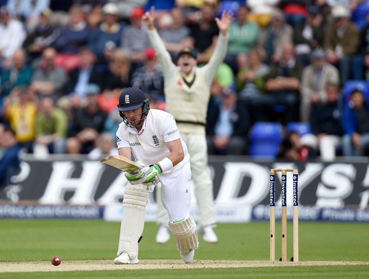 Mitchell Starc trapped Ian Bell with a full, fast inswinger, England v Australia, 1st Investec Ashes Test, Cardiff, 1st day, July 8, 2015