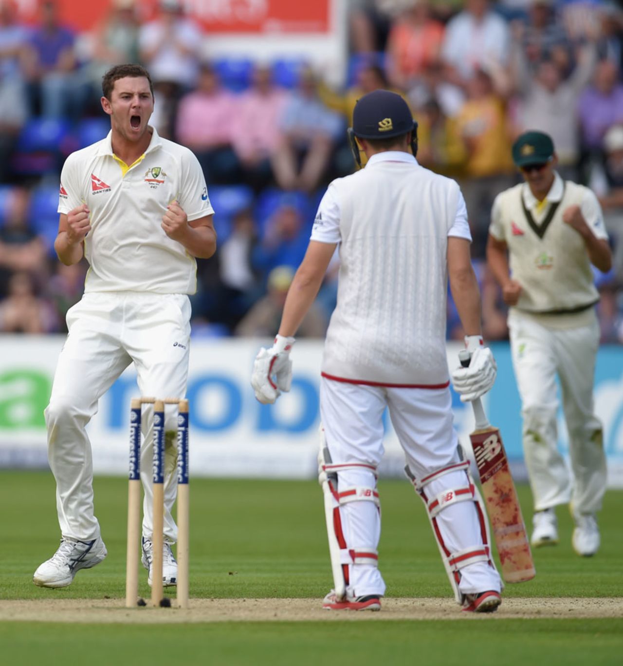Josh Hazlewood celebrates the wicket of Gary Ballance shortly after tea, England v Australia, 1st Investec Ashes Test, Cardiff, 1st day, July 8, 2015
