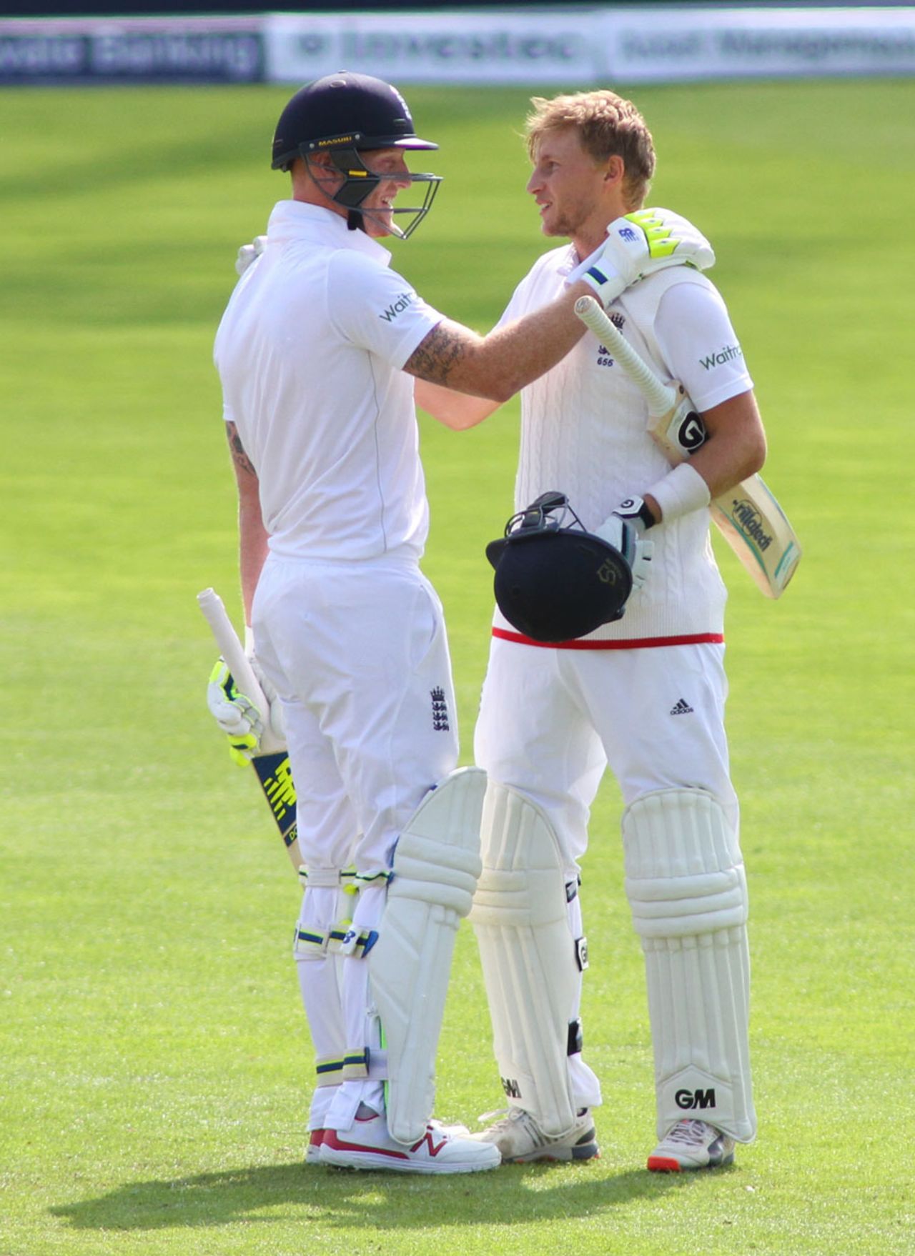 Ben Stokes congratulates Joe Root on reaching his century, England v Australia, 1st Investec Ashes Test, Cardiff, 1st day, July 8, 2015